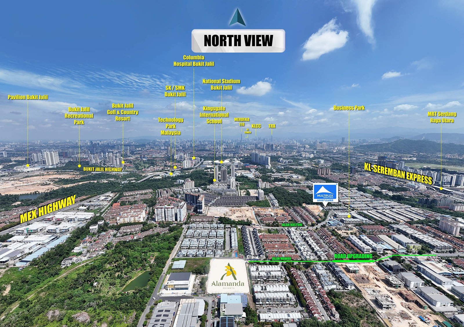 Aerial north view from Alamanda Heights Bukit Serdang showing the Bukit Jalil skyline, National Stadium, Pavilion Bukit Jalil, KL city and surrounding highways