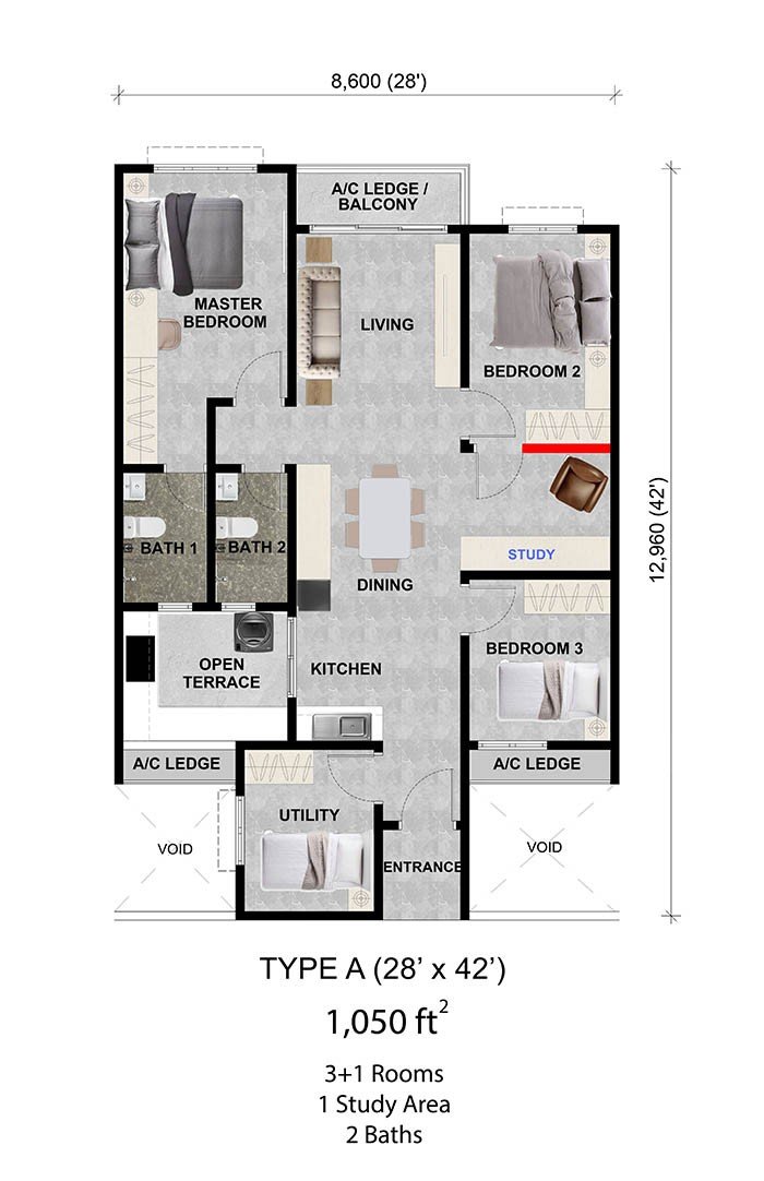 Alamanda Heights Bukit Serdang Type A floor plan, 1,050 sq ft, 3+1 rooms with study, 2 bathrooms