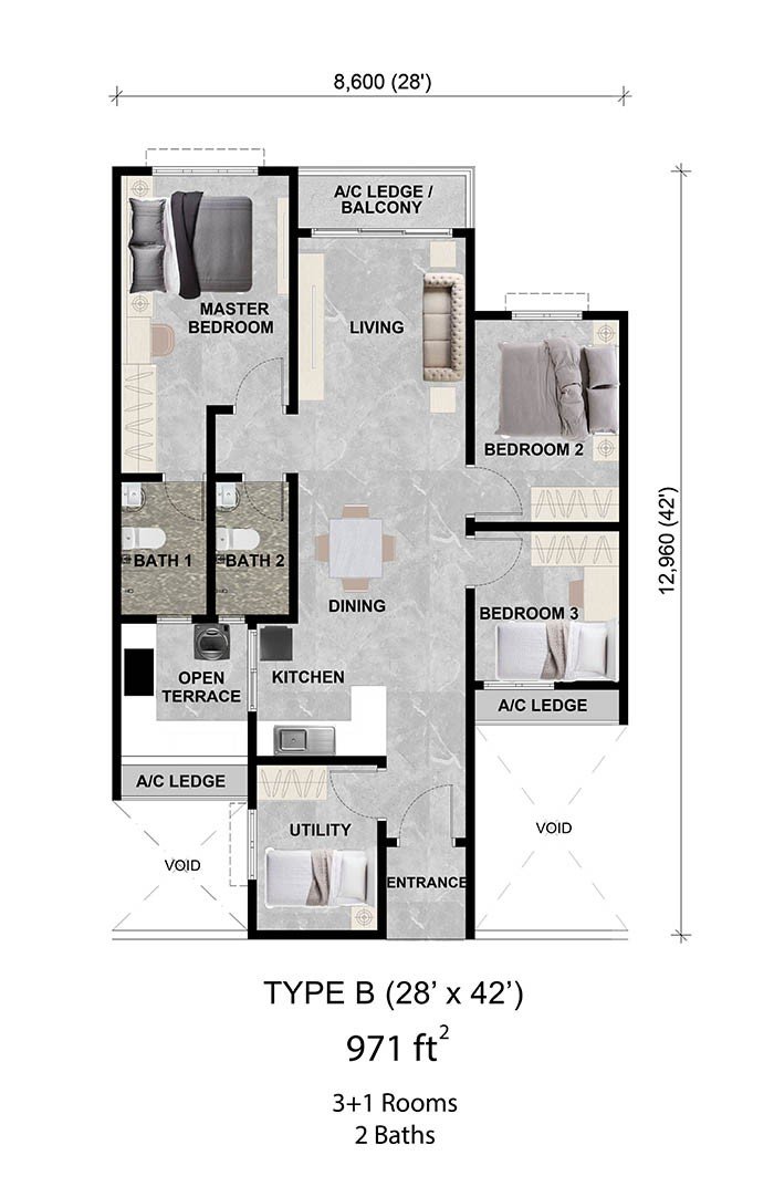 Alamanda Heights Bukit Serdang Type B floor plan, 971 sq ft, 3+1 rooms, 2 bathrooms