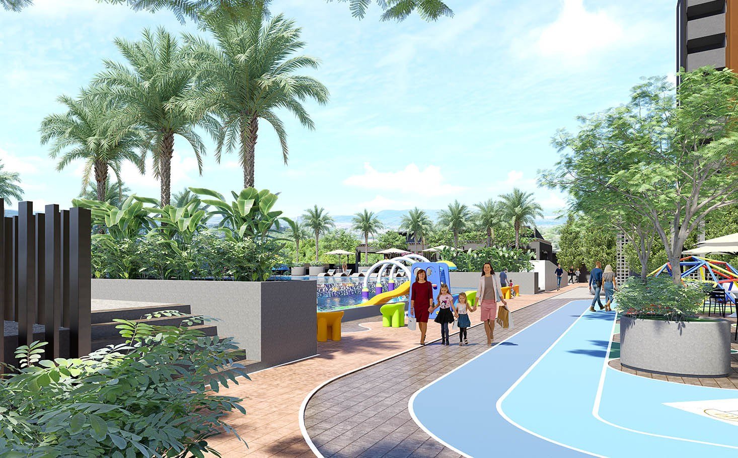 Alamanda Heights Bukit Serdang jogging track and landscaped hilltop grounds with families