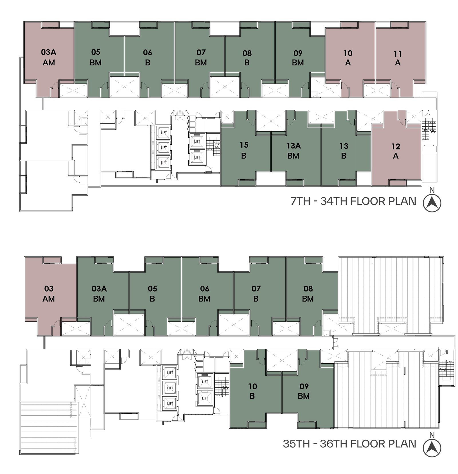 Alamanda Heights Bukit Serdang typical floor key plan showing Type A and Type B unit positions on the 7th-34th and 35th-36th floors