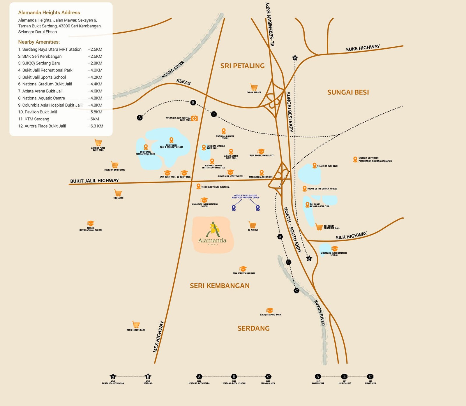 Alamanda Heights Bukit Serdang location map showing Bukit Jalil, Sri Petaling, Sungai Besi, Serdang, MRT and KTM stations and surrounding highways