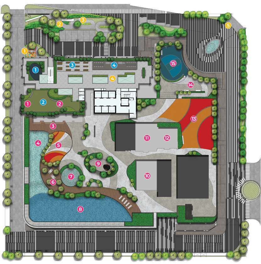 The Aldenz Damansara Perdana facilities plan showing the pool deck, gym and landscaped podium