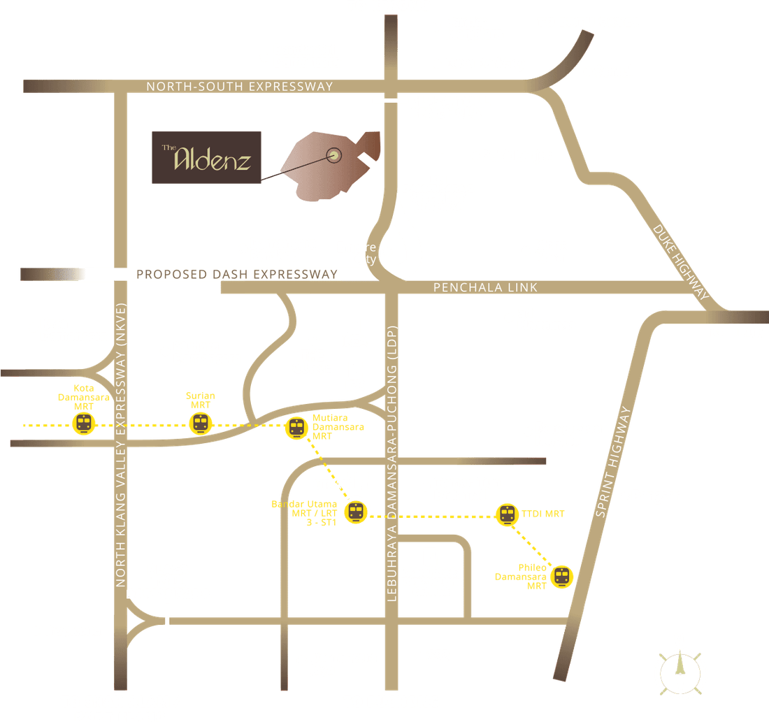 The Aldenz Damansara Perdana location map showing Kota Damansara, Surian, Mutiara Damansara, Bandar Utama, TTDI and Phileo Damansara MRT stations and surrounding highways