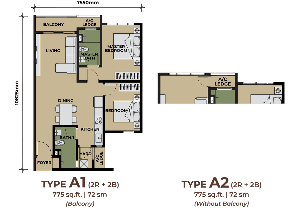 The Aldenz Type A floor plan, 775 sq ft, 2 bedrooms