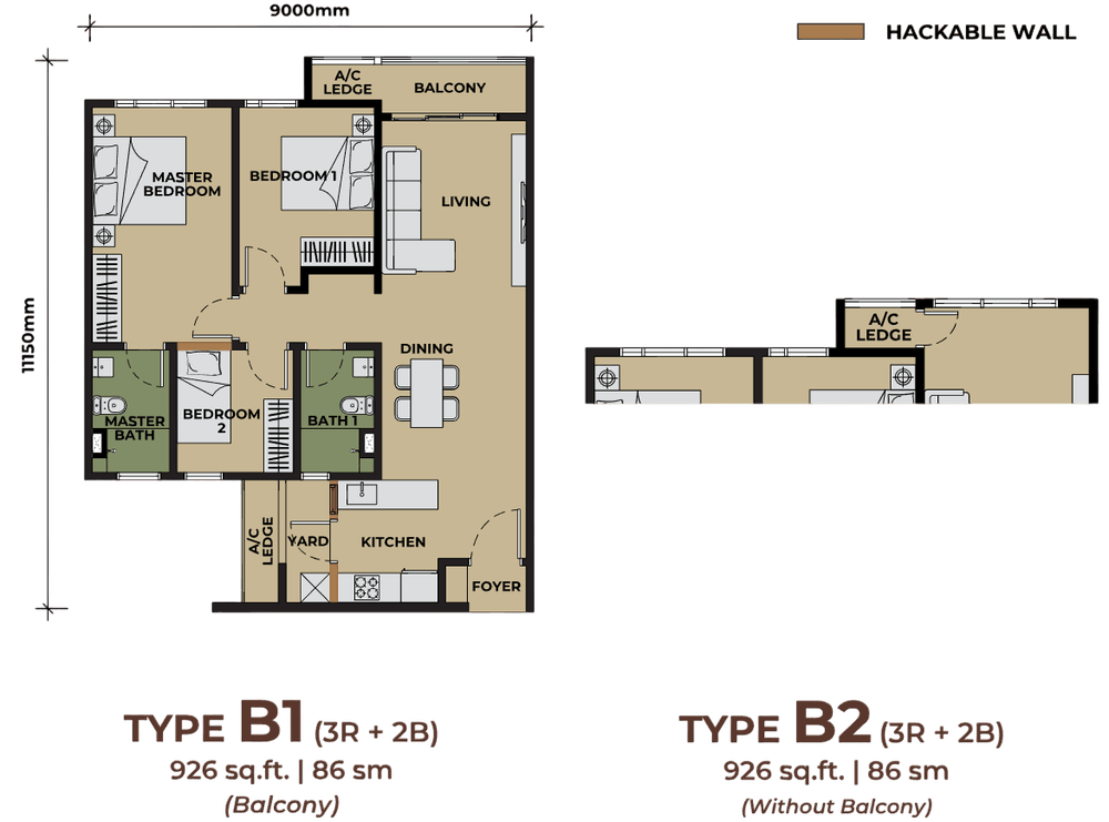 The Aldenz Type B floor plan, 926 sq ft, 3 bedrooms, hackable wall