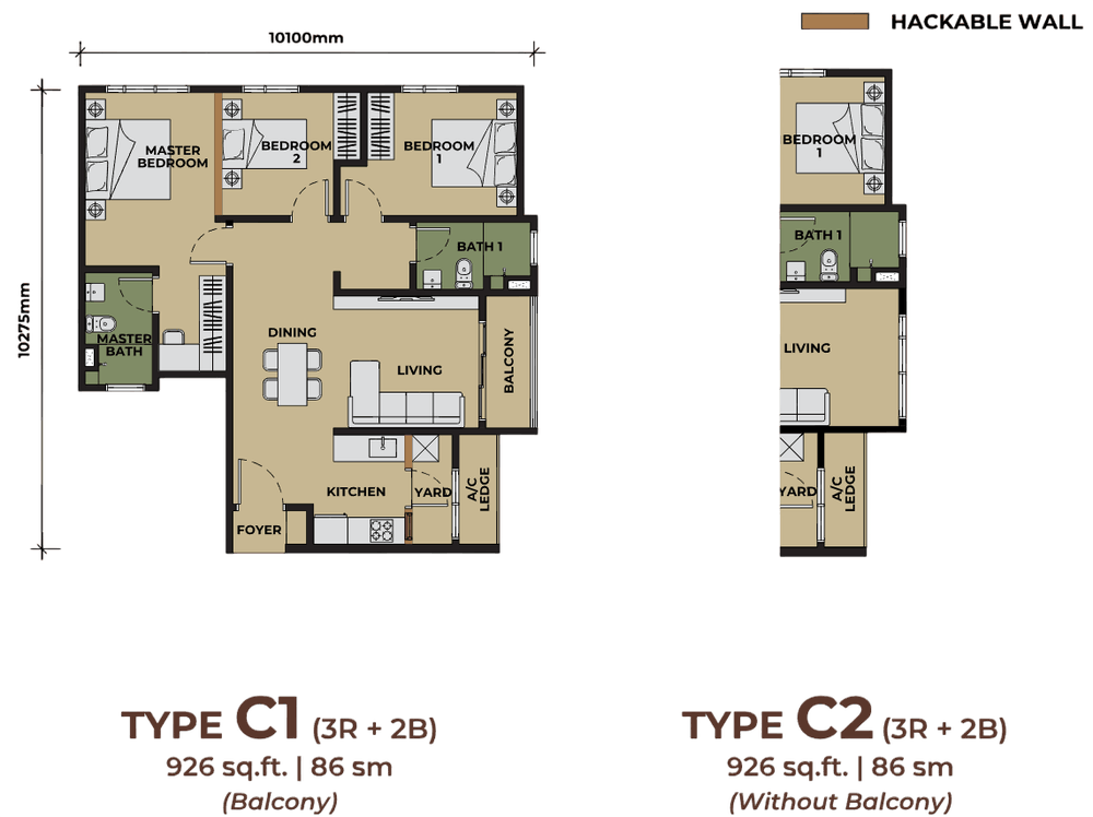 The Aldenz Type C floor plan, 926 sq ft, 3 bedrooms, hackable wall