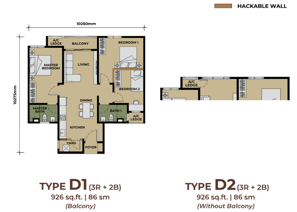 The Aldenz Type D floor plan, 926 sq ft, 3 bedrooms, hackable wall