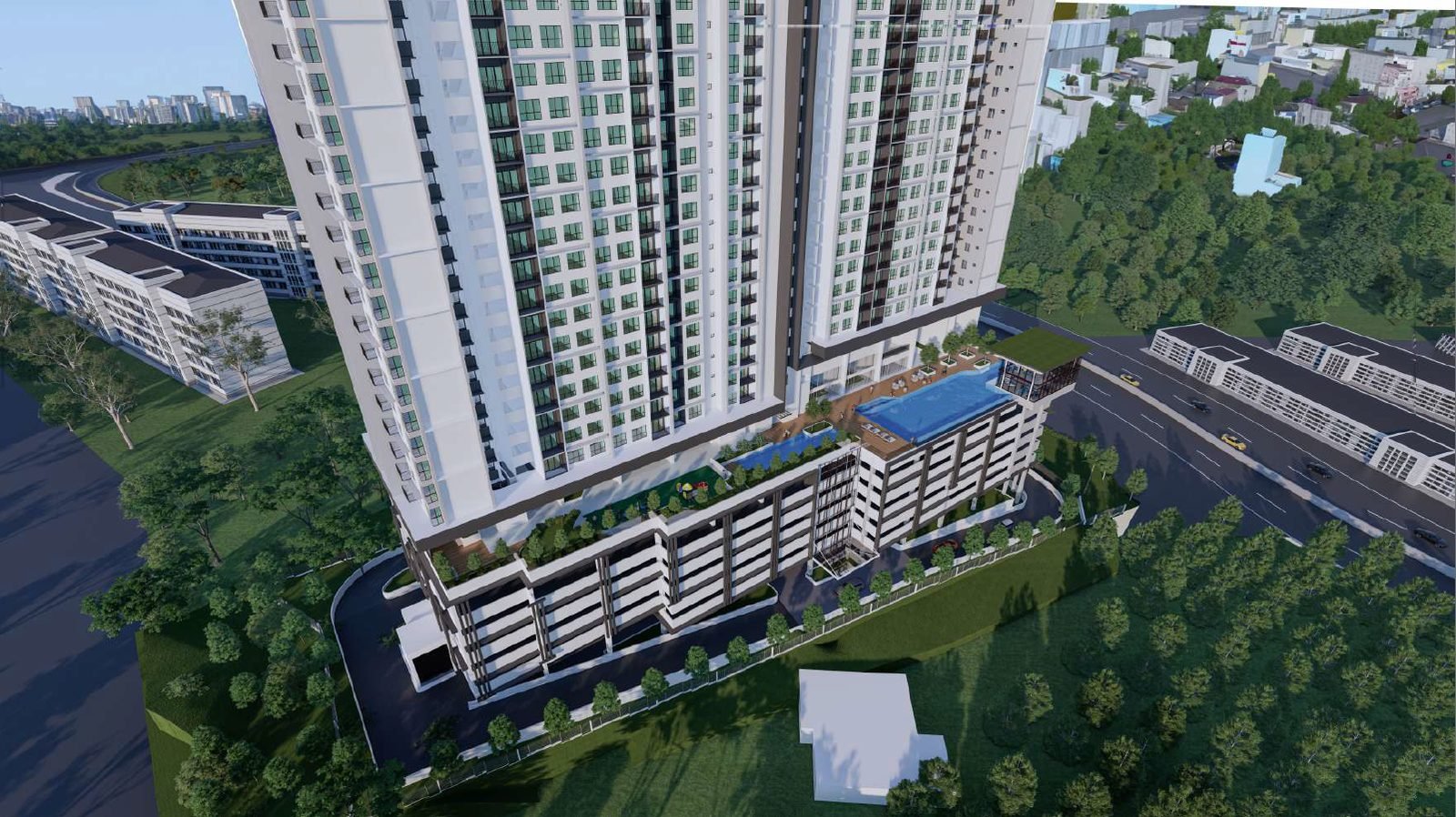 Ambience Residence Sungai Besi aerial view of the single tower, pool podium and surrounding greenery