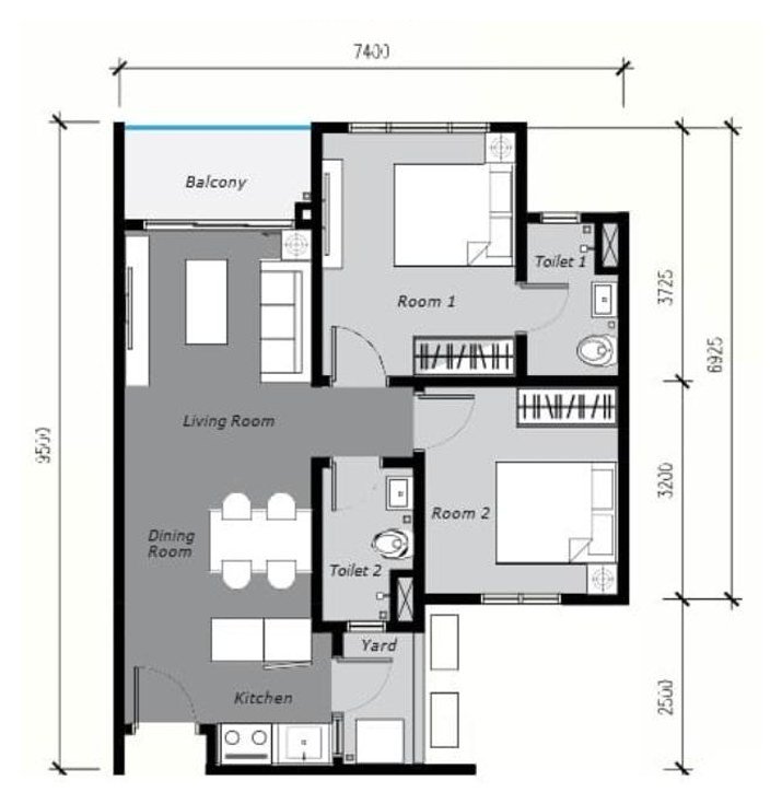 Ambience Residence Sungai Besi Type A floor plan — 669 sq ft, 2 bedrooms, 2 bathrooms serviced apartment layout with living, dining, kitchen, yard and balcony