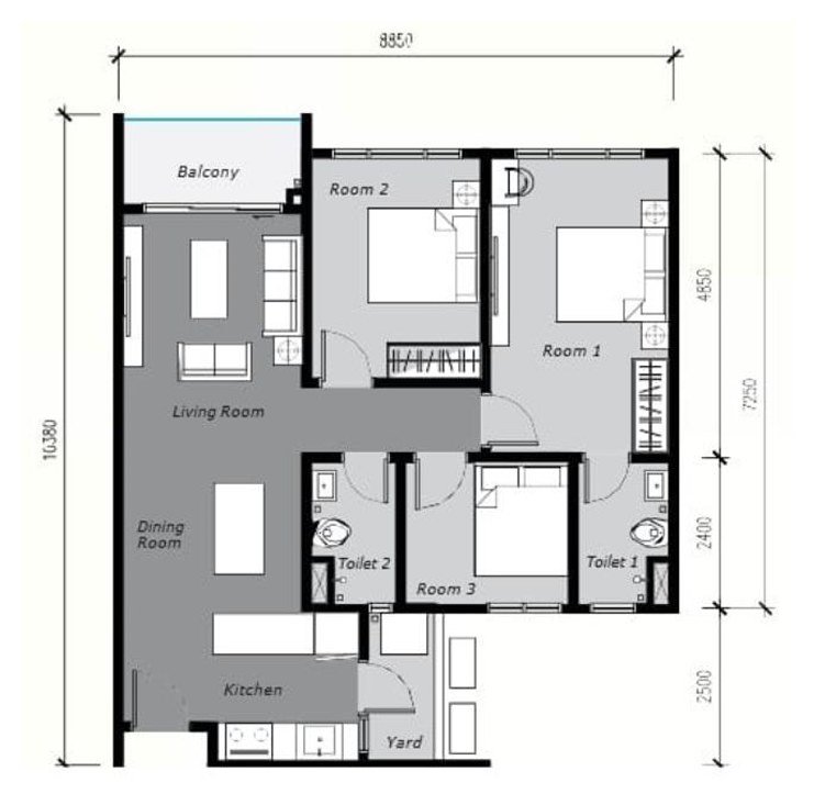 Ambience Residence Sungai Besi Type B floor plan — 866 sq ft, 3 bedrooms, 2 bathrooms serviced apartment layout with living, dining, kitchen, yard and balcony