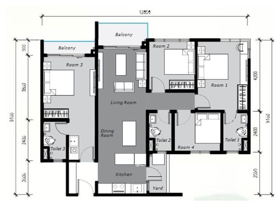 Ambience Residence Sungai Besi Type C floor plan — 1,080 sq ft, 4 bedrooms, 3 bathrooms serviced apartment layout with dual balconies, living, dining, kitchen and yard