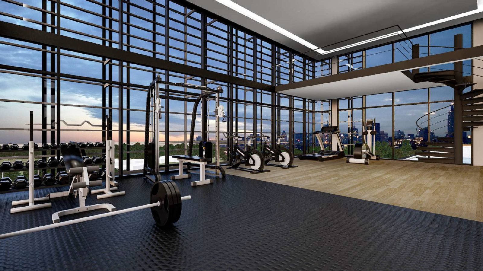 Ambience Residence Sungai Besi double-height glass gymnasium with city skyline views at dusk