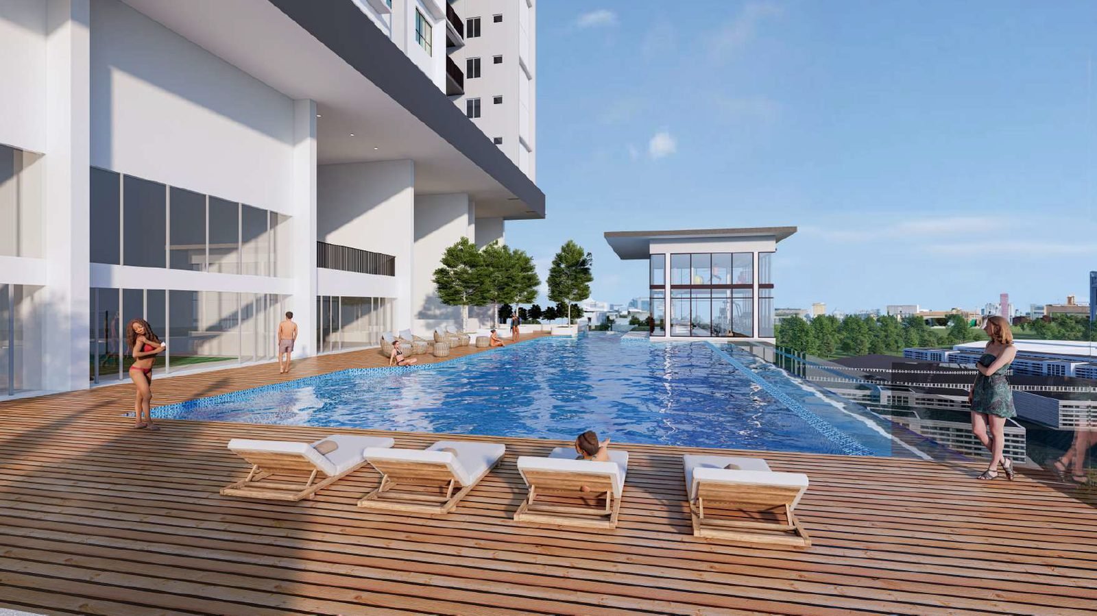Ambience Residence Sungai Besi swimming pool with timber sun deck and loungers on the podium