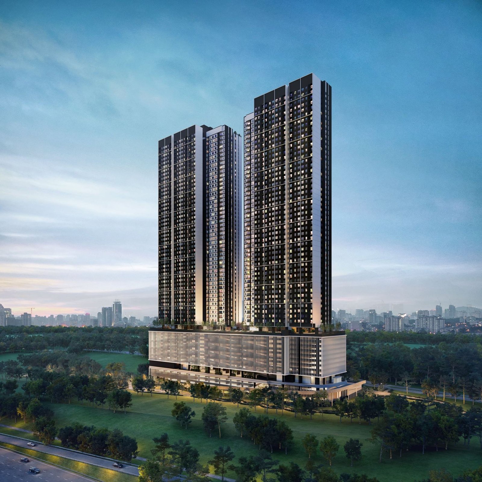 Aras Residences OUG twin tower facade at dusk