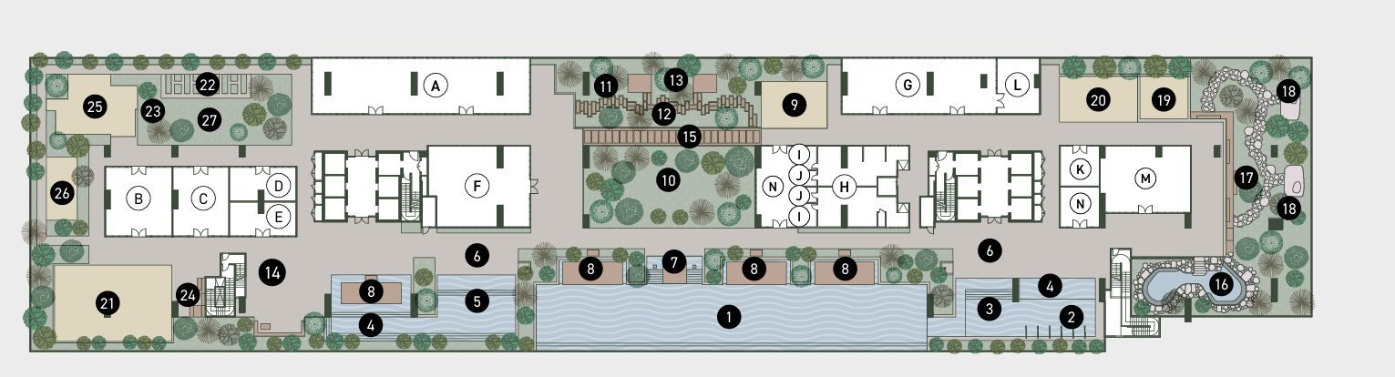 Aras Residences podium facilities plan, Level 9, showing pools, gardens and community facilities