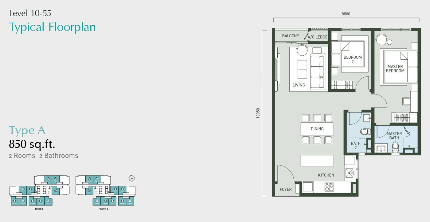 Aras Residences Type A unit plan 850 sq ft, 2 bedrooms