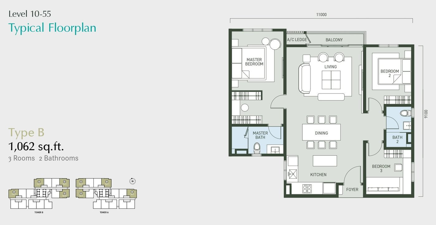 Aras Residences Type B unit plan 1,062 sq ft, 3 bedrooms