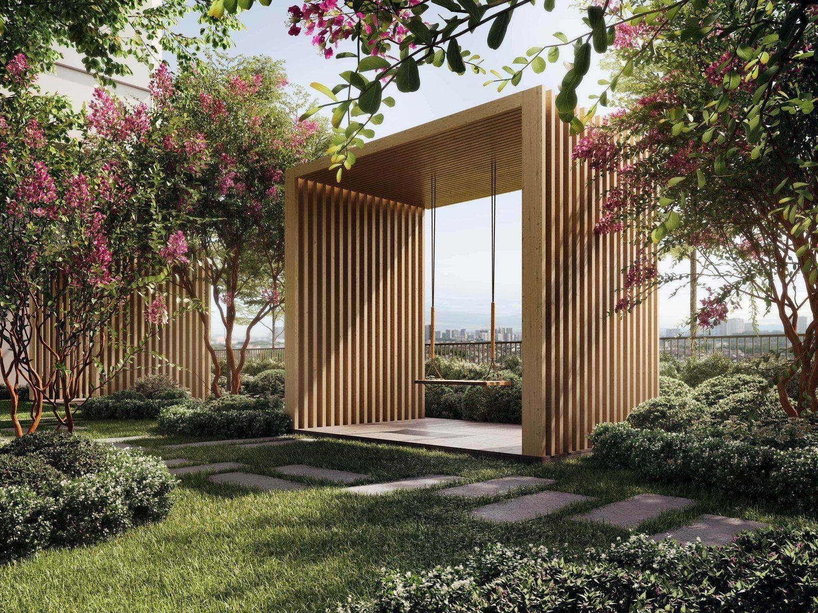 Aras Residences garden swing pavilion surrounded by landscaping