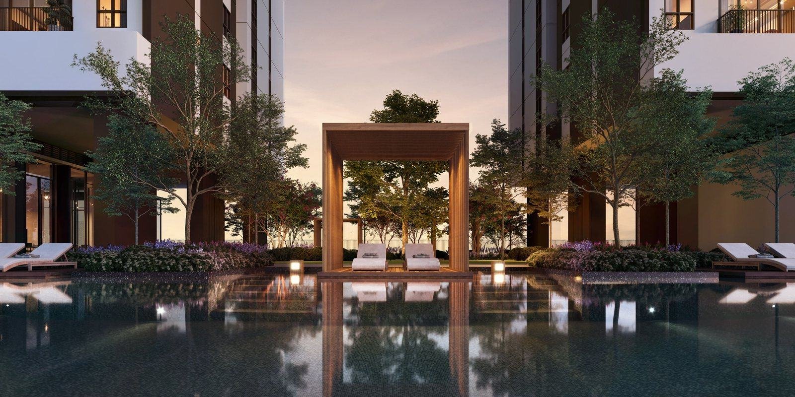 Aras Residences pool deck with timber pergola cabana