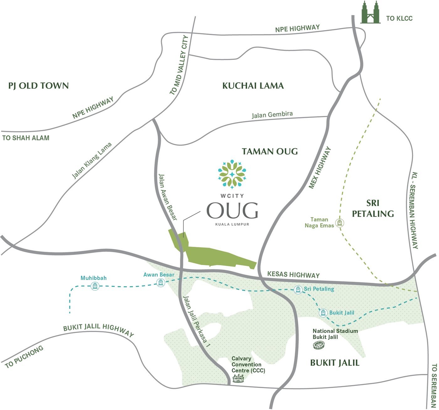Aras Residences WCity OUG location map showing Taman OUG, Sri Petaling, Bukit Jalil, KESAS, MEX and NPE highways