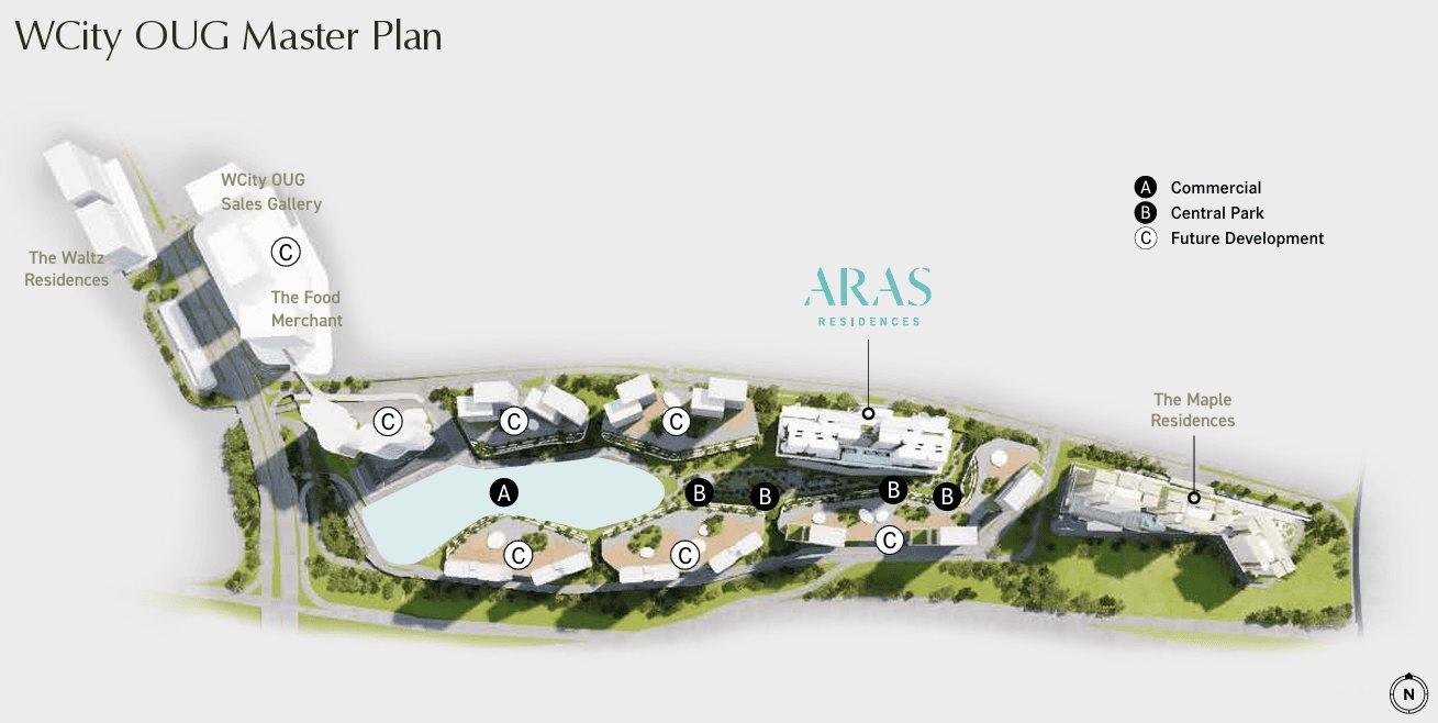 WCity OUG master plan showing Aras Residences, The Waltz Residences, The Maple Residences, commercial zone and central park