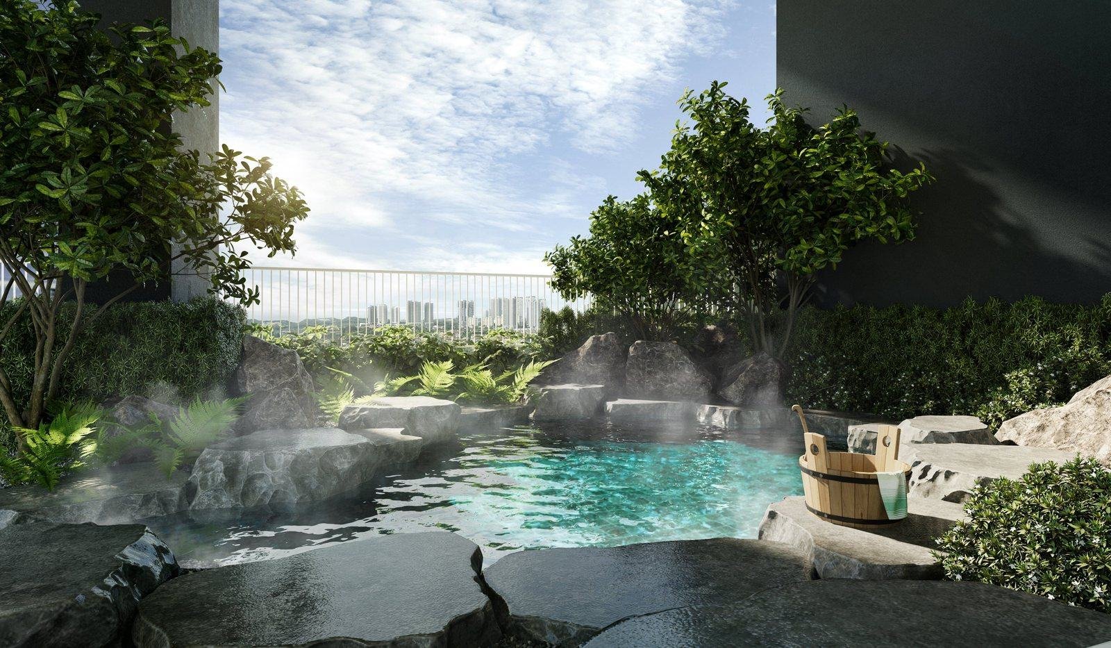 Aras Residences onsen pool with natural stone landscaping