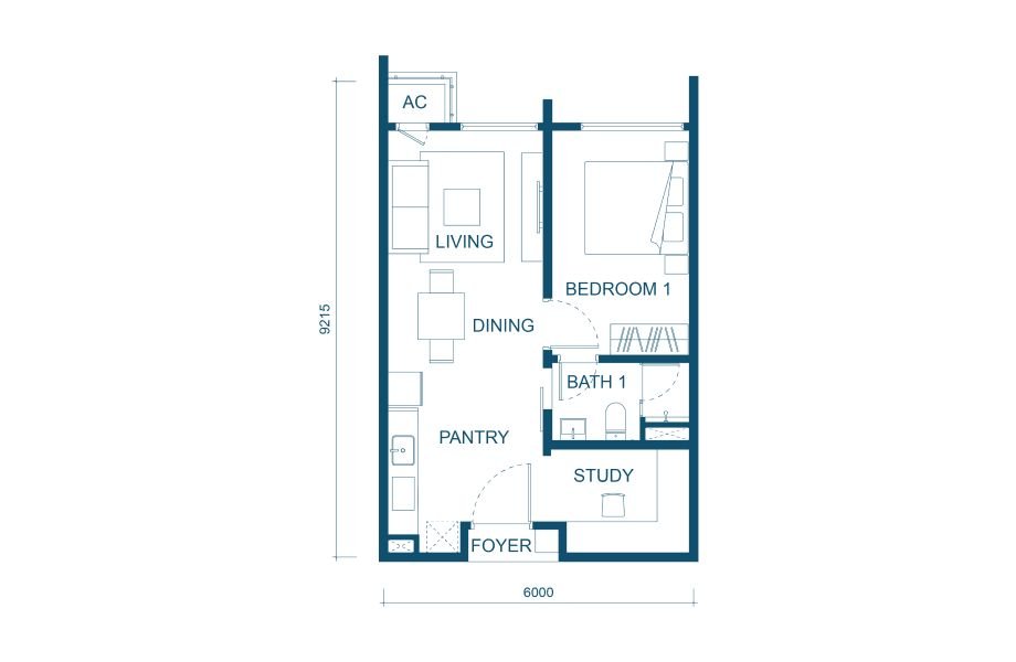 Aricia Residences Type A1 floor plan, 550 sq ft, 1+1 bedroom