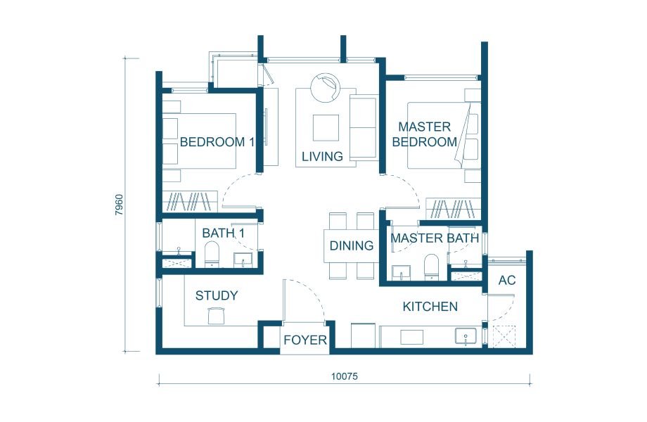Aricia Residences Type B1 floor plan, 757 sq ft, 2+1 bedrooms