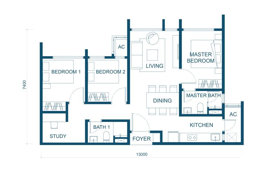 Aricia Residences Type C1 floor plan, 872 sq ft, 3+1 bedrooms