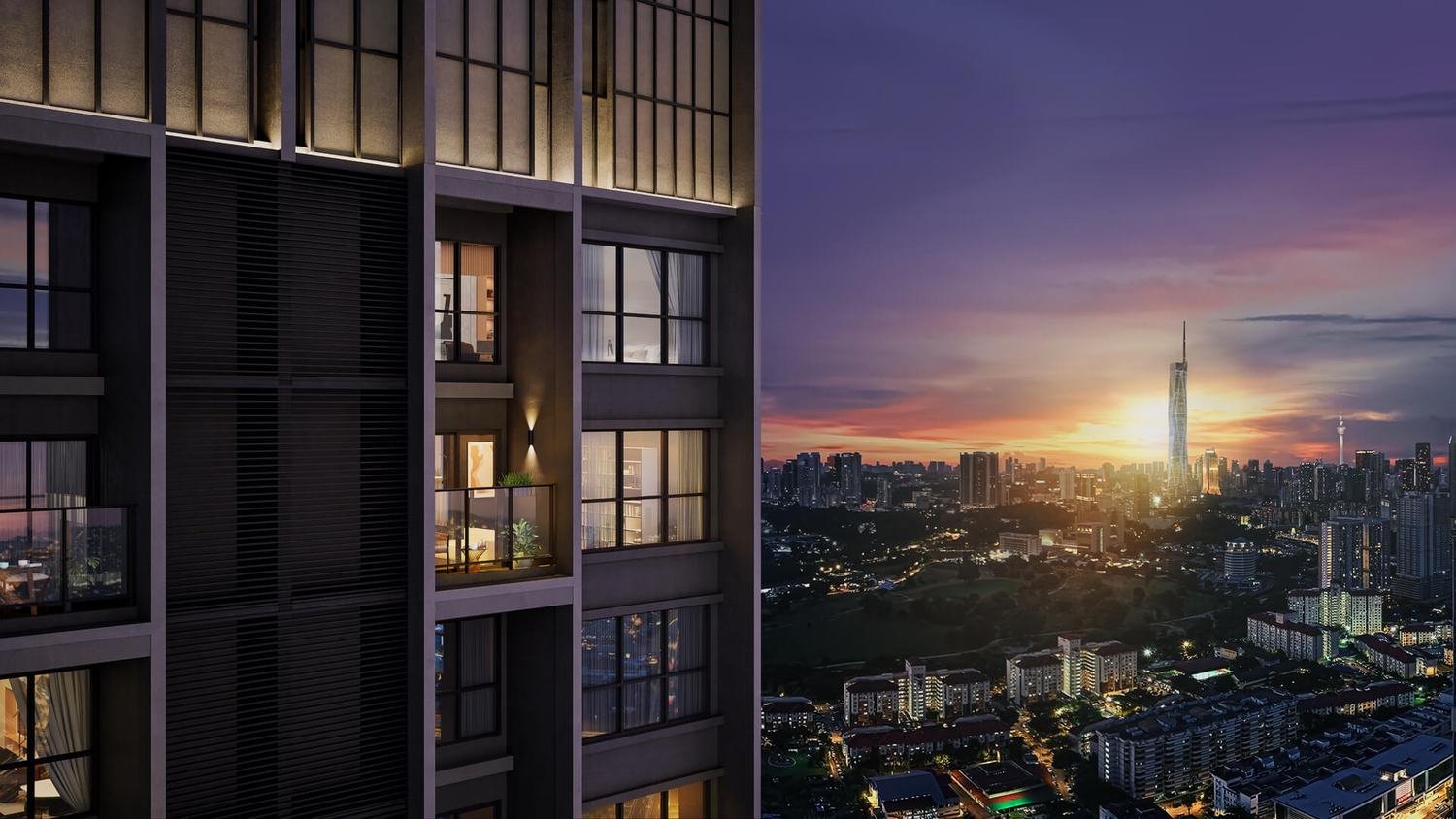 Aricia Residences Sungai Besi balcony with view towards the Kuala Lumpur skyline at dusk
