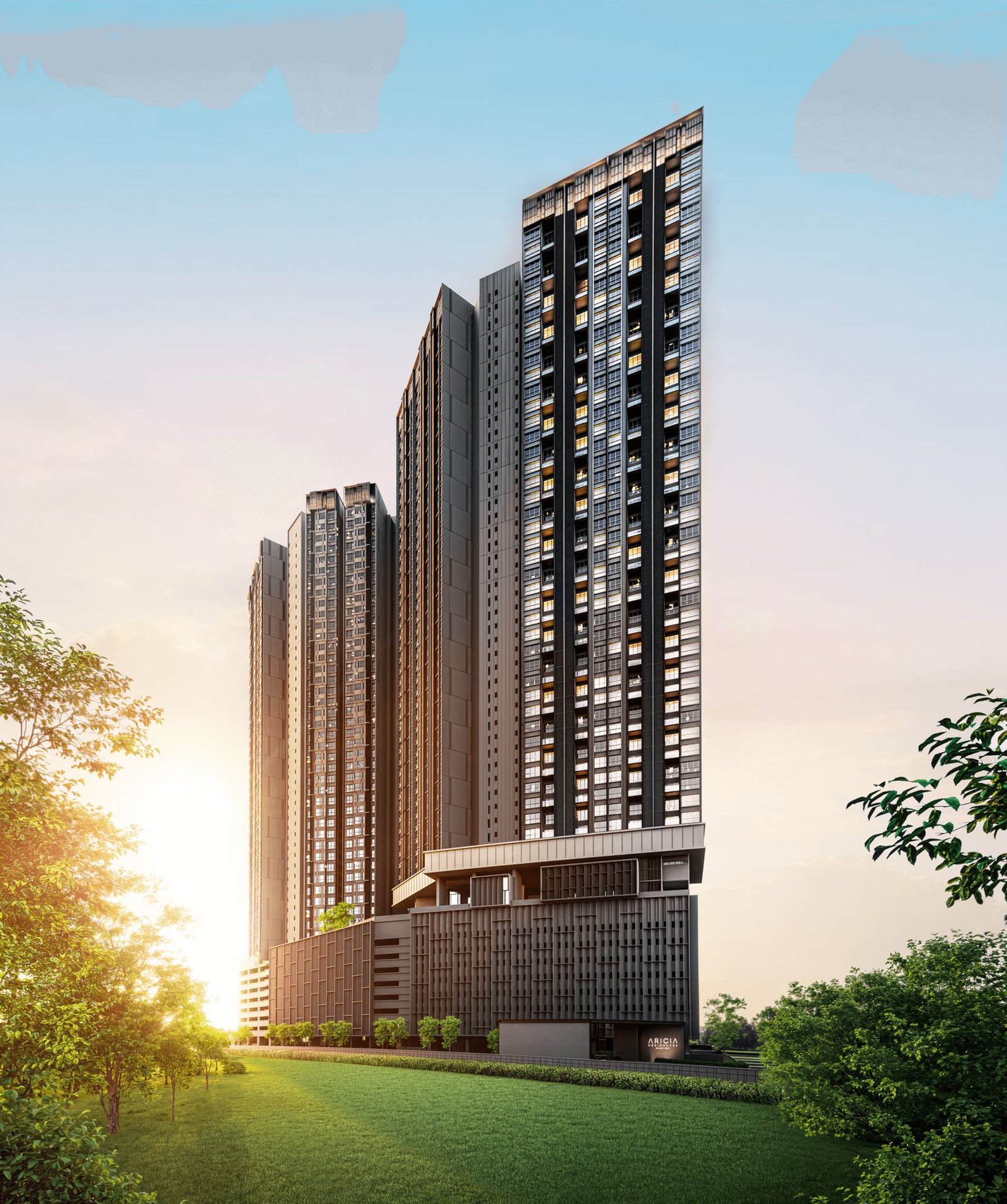 Aricia Residences Sungai Besi twin tower facade at sunset
