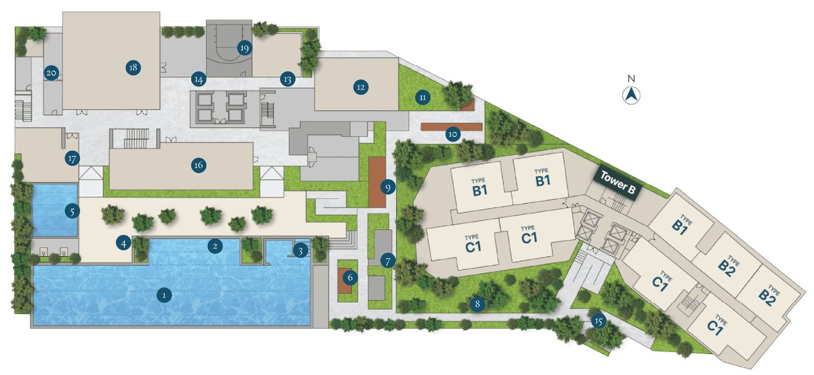 Aricia Residences Sungai Besi Level 8 facilities plan showing the 50m infinity pool, jacuzzi, gymnasium, playground and hoop court