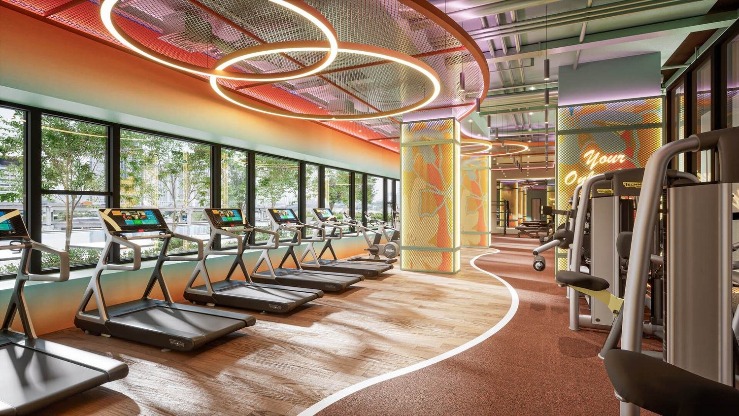 Aricia Residences Sungai Besi gymnasium with treadmills facing the pool deck
