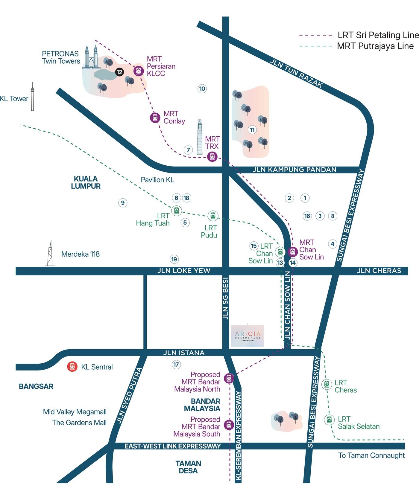 Aricia Residences Sungai Besi location map showing LRT and MRT Chan Sow Lin, TRX, KLCC, Bandar Malaysia and surrounding highways