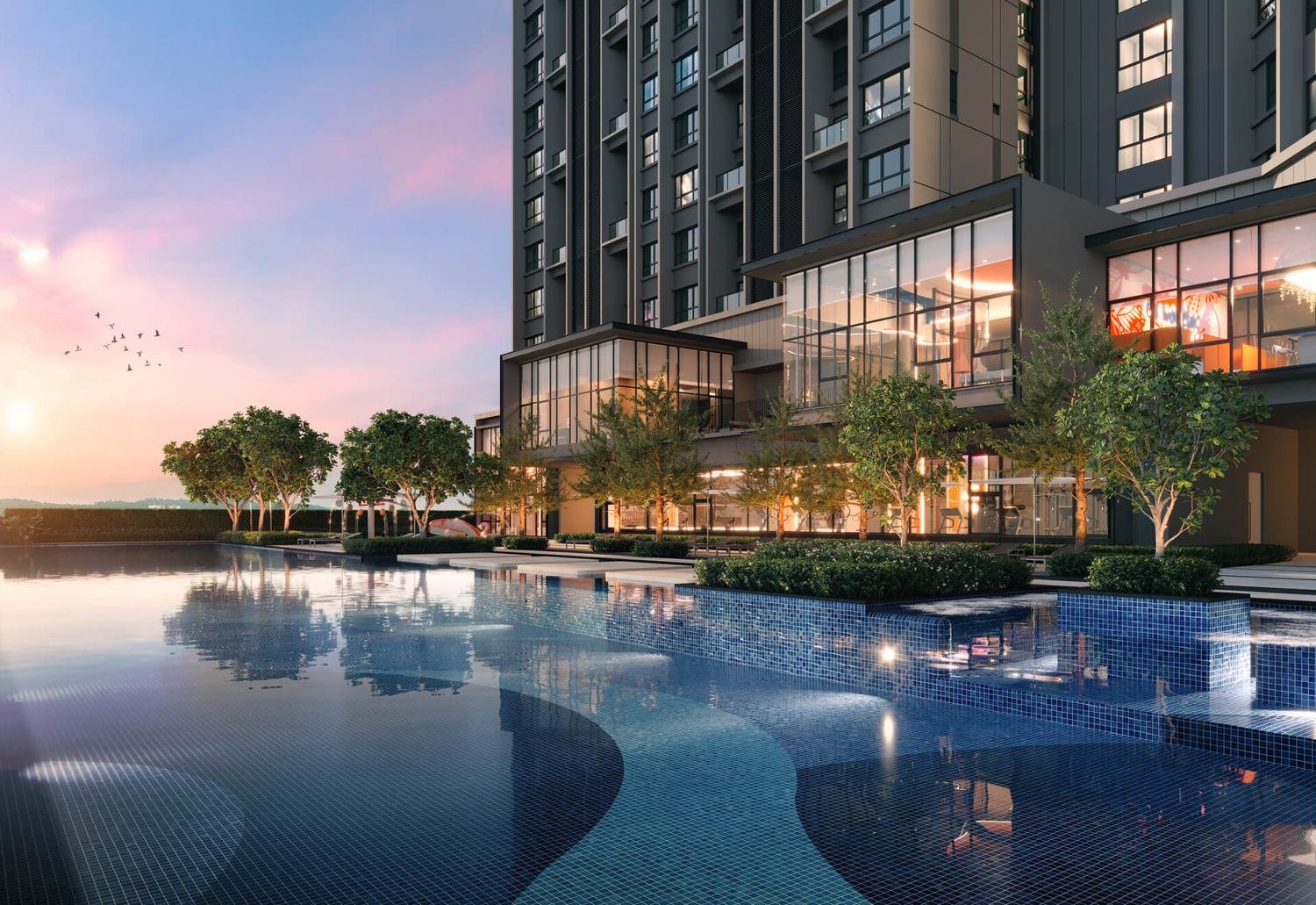 Aricia Residences Sungai Besi swimming pool deck at dusk