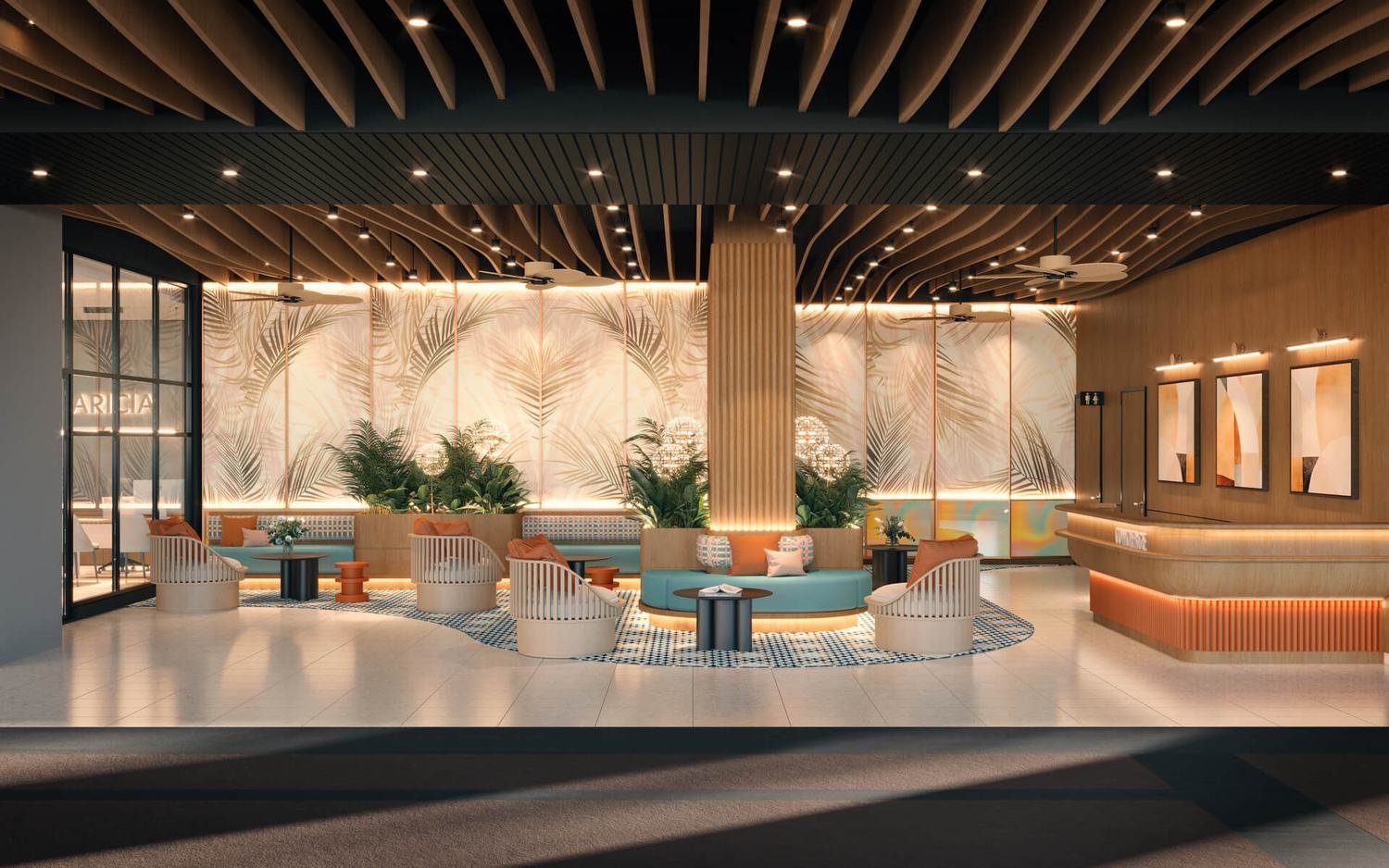 Aricia Residences Sungai Besi waiting lounge with timber ceiling and concierge counter