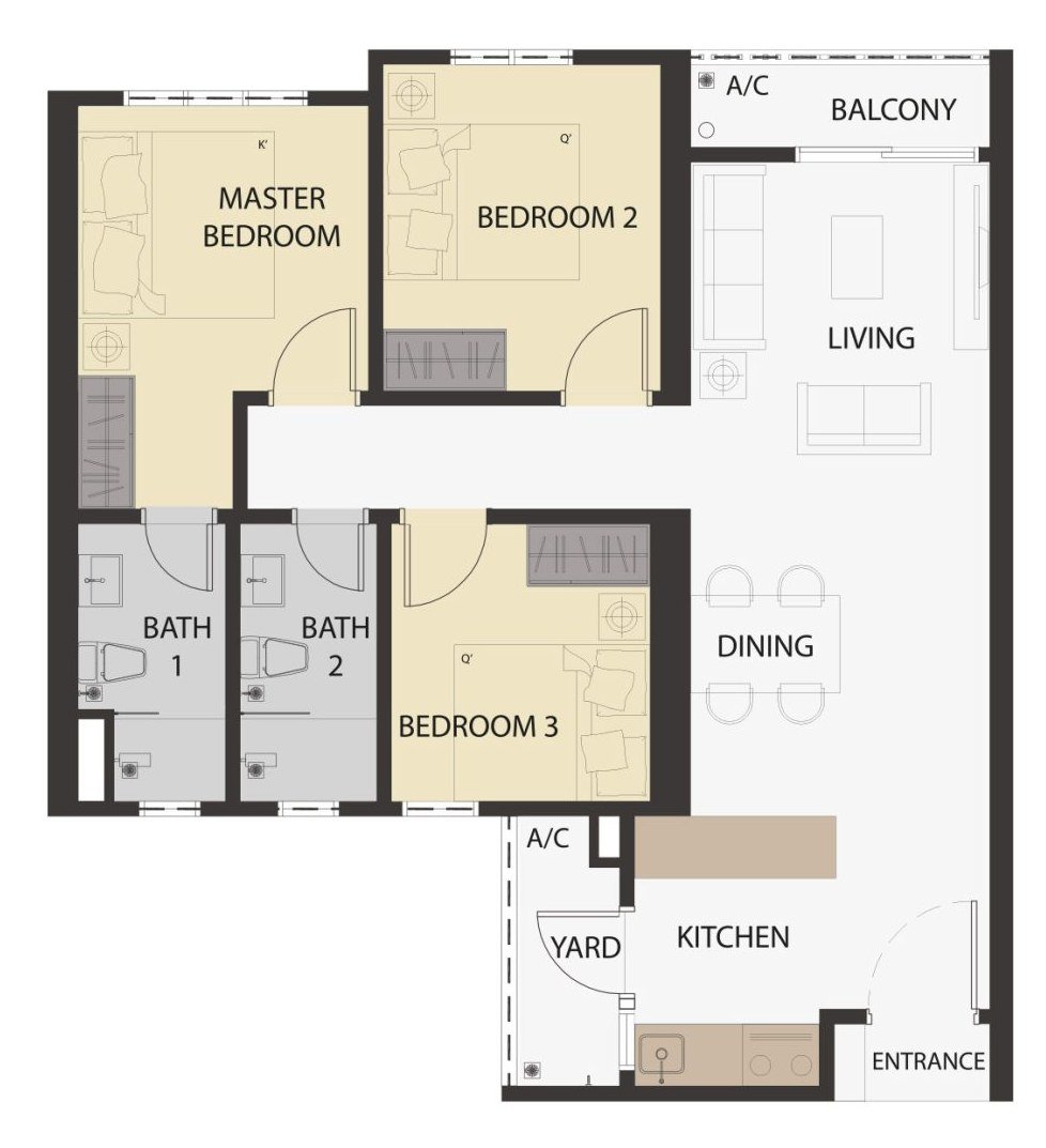 Aster Hill Sri Petaling Type A1 floor plan — 852 sq ft, 3 bedrooms, 2 bathrooms serviced apartment layout with master bedroom, living, dining, kitchen, yard and balcony