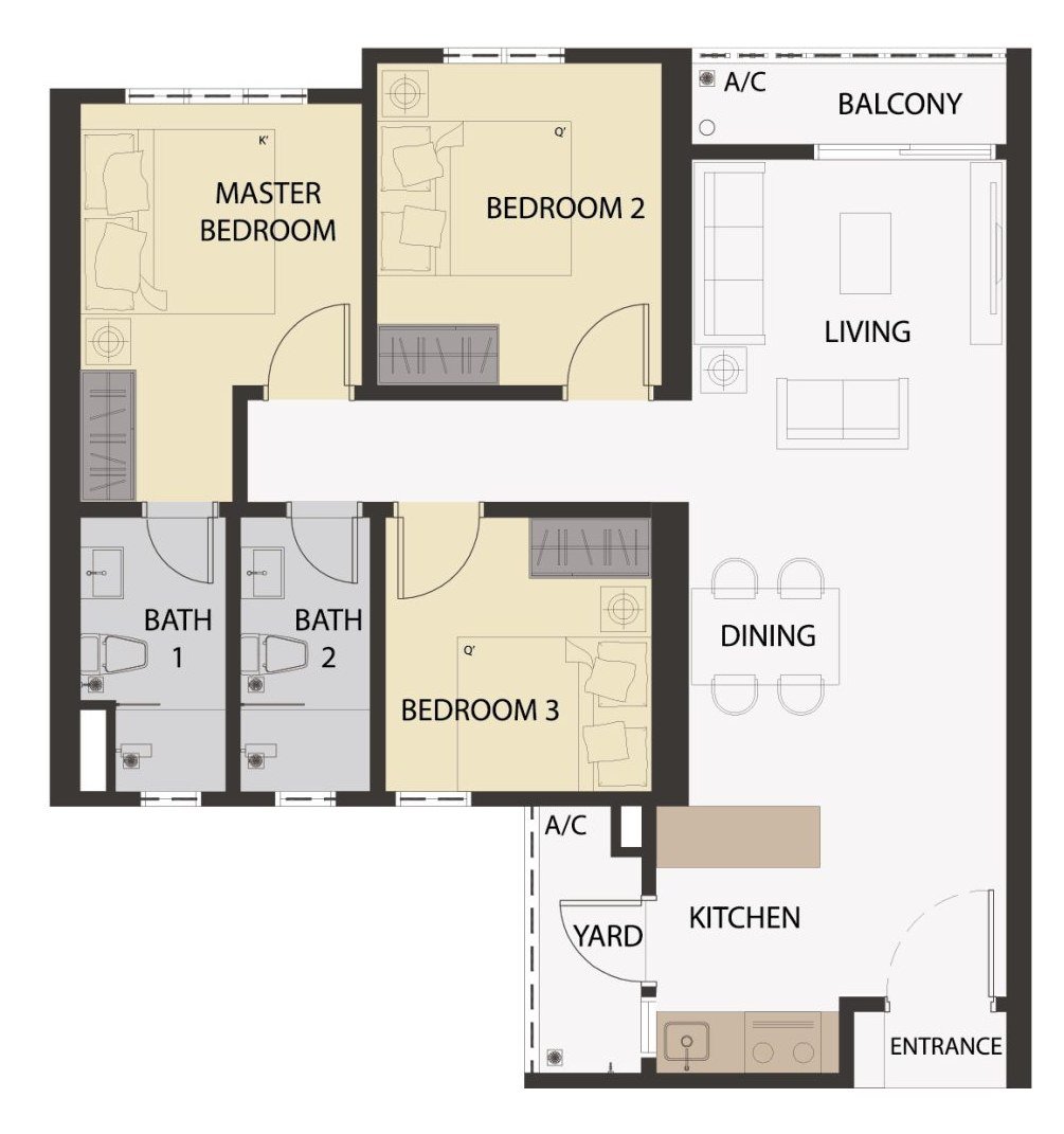 Aster Hill Sri Petaling Type A2 floor plan — 872 sq ft, 3 bedrooms, 2 bathrooms serviced apartment layout