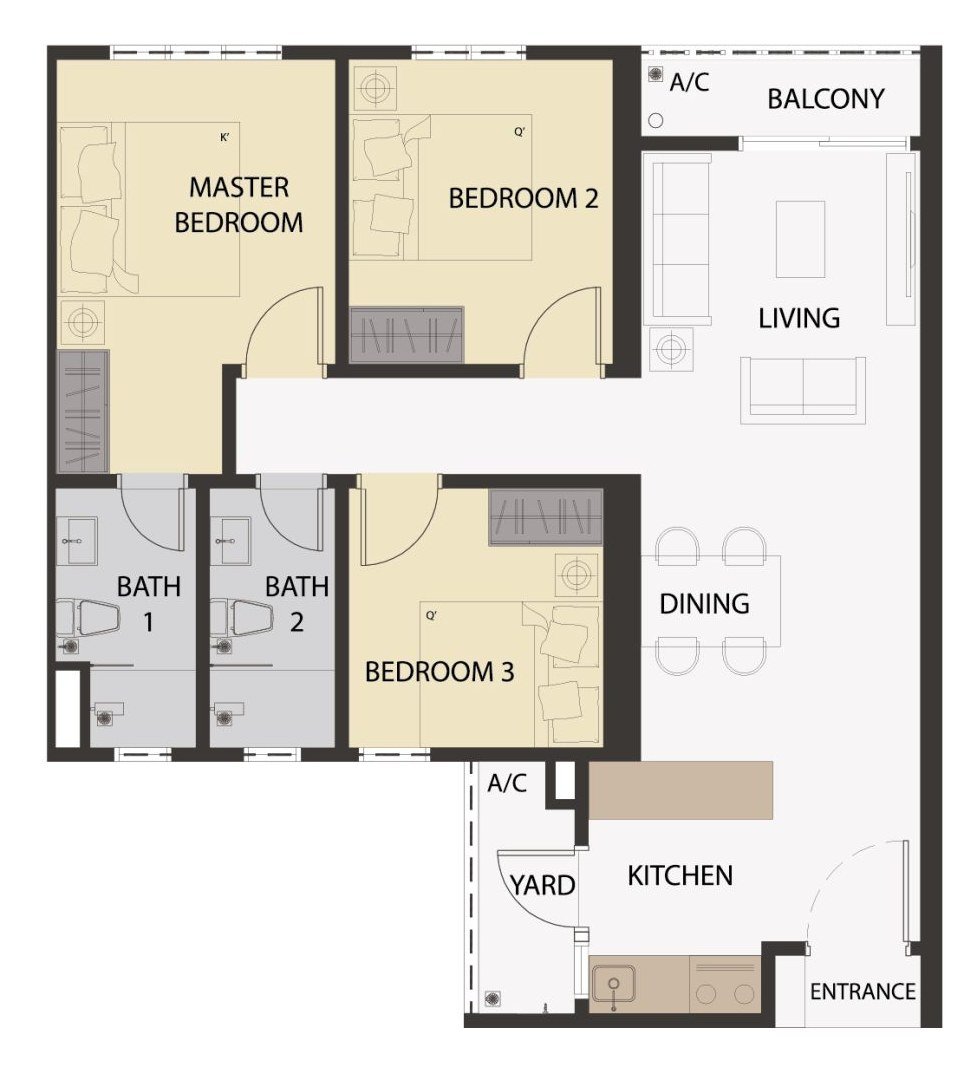 Aster Hill Sri Petaling Type A3 floor plan — 867 sq ft, 3 bedrooms, 2 bathrooms serviced apartment layout