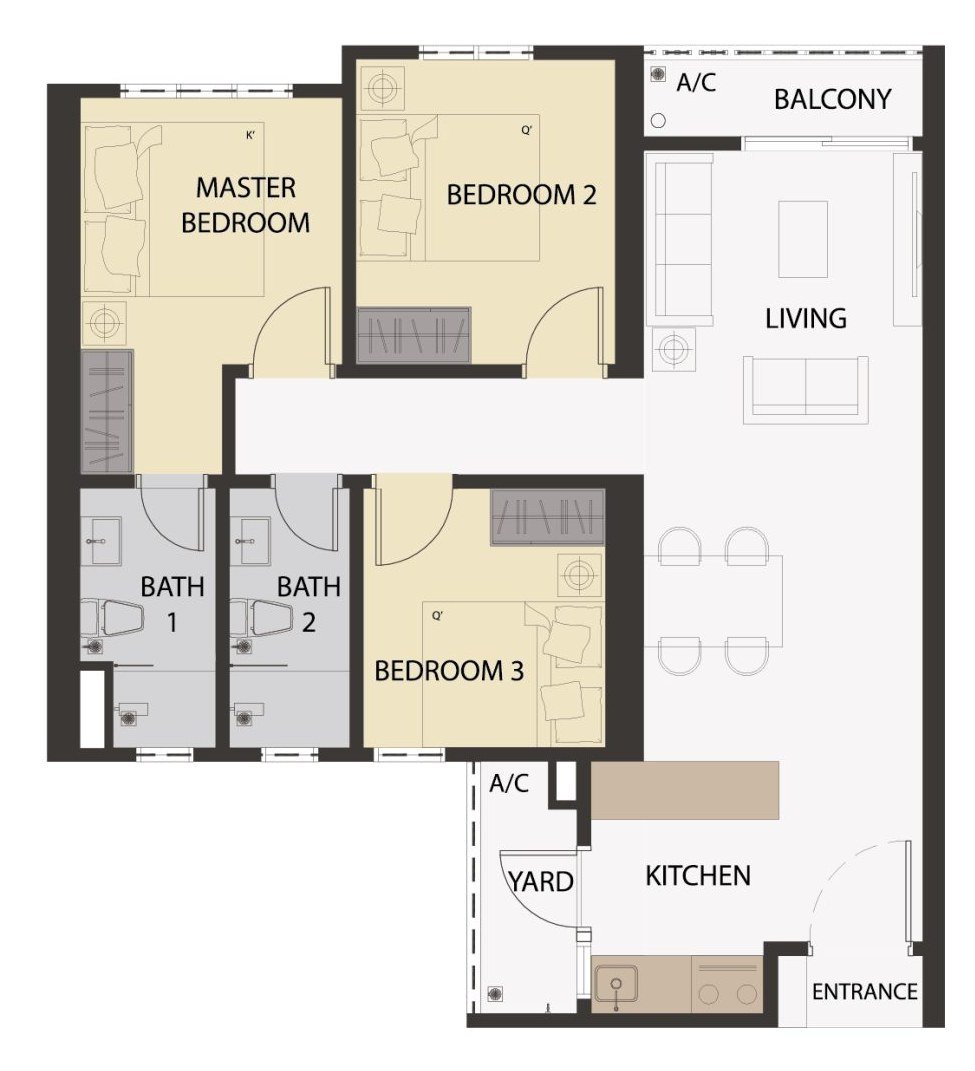 Aster Hill Sri Petaling Type A4 floor plan — 846 sq ft, 3 bedrooms, 2 bathrooms serviced apartment layout