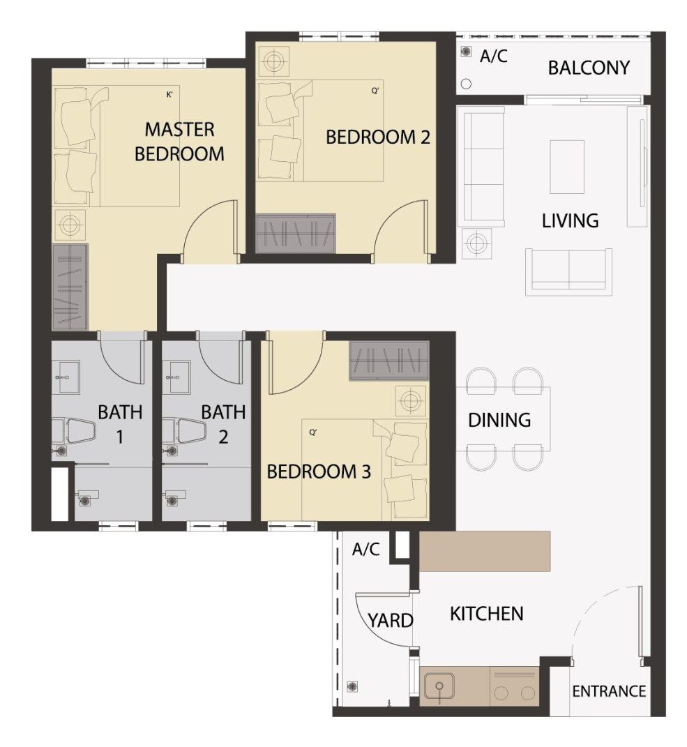 Aster Hill Sri Petaling Type A5 floor plan — 857 sq ft, 3 bedrooms, 2 bathrooms serviced apartment layout