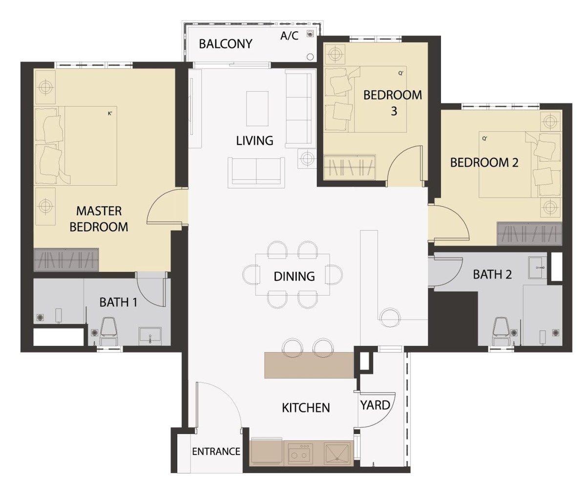 Aster Hill Sri Petaling Type B1 floor plan — 1,043 sq ft, 3 bedrooms, 2 bathrooms serviced apartment layout with dual-wing bedrooms and central living