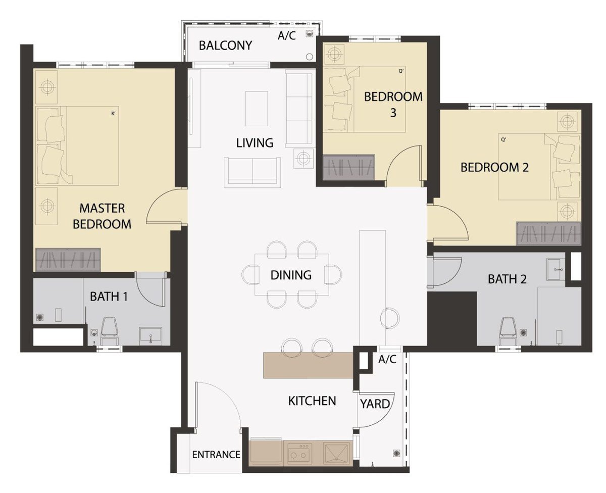 Aster Hill Sri Petaling Type B2 floor plan — 1,072 sq ft, 3 bedrooms, 2 bathrooms serviced apartment layout with dual-wing bedrooms and central living