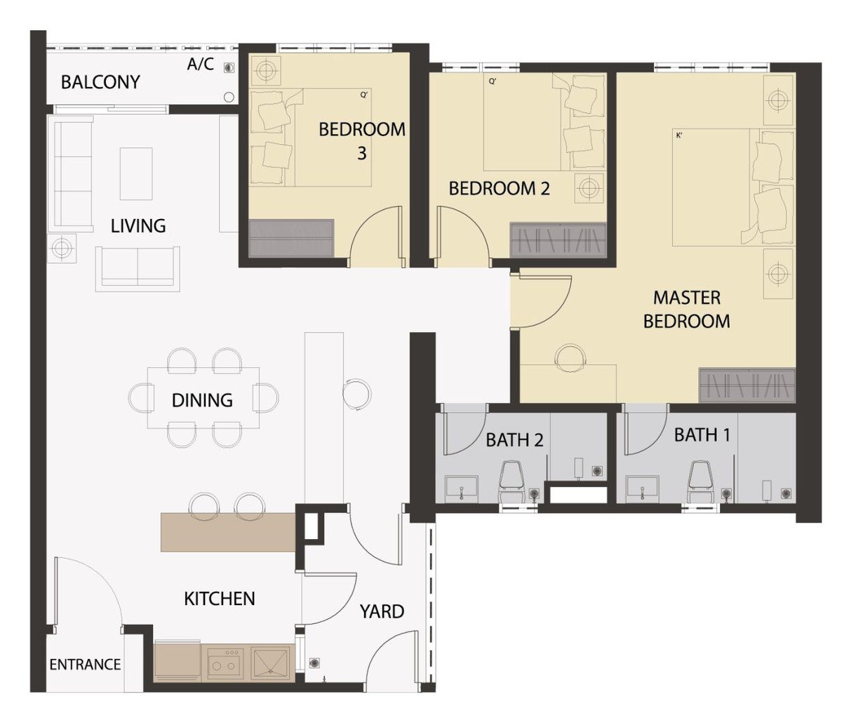 Aster Hill Sri Petaling Type C floor plan — 1,077 sq ft, 3 bedrooms, 2 bathrooms serviced apartment layout, the largest footprint