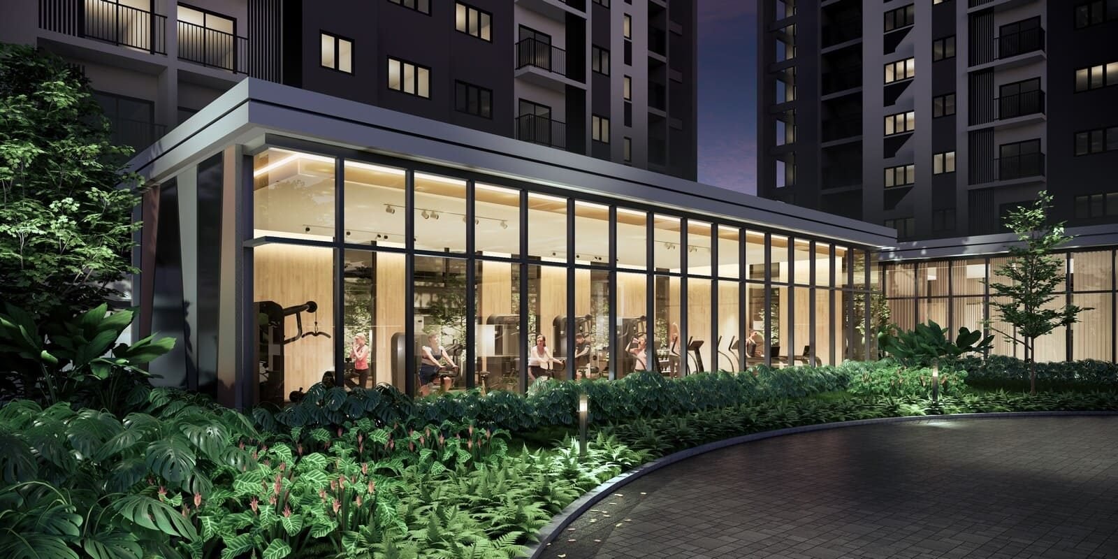 Aster Hill Sri Petaling glass-walled gymnasium opening onto the landscaped courtyard