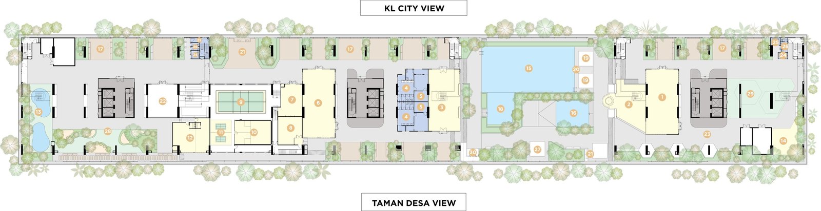 The Atas Taman Desa facilities plan at Level 3A, showing the swimming pool, gymnasium, badminton and squash courts, gardens and BBQ areas between KL city and Taman Desa views