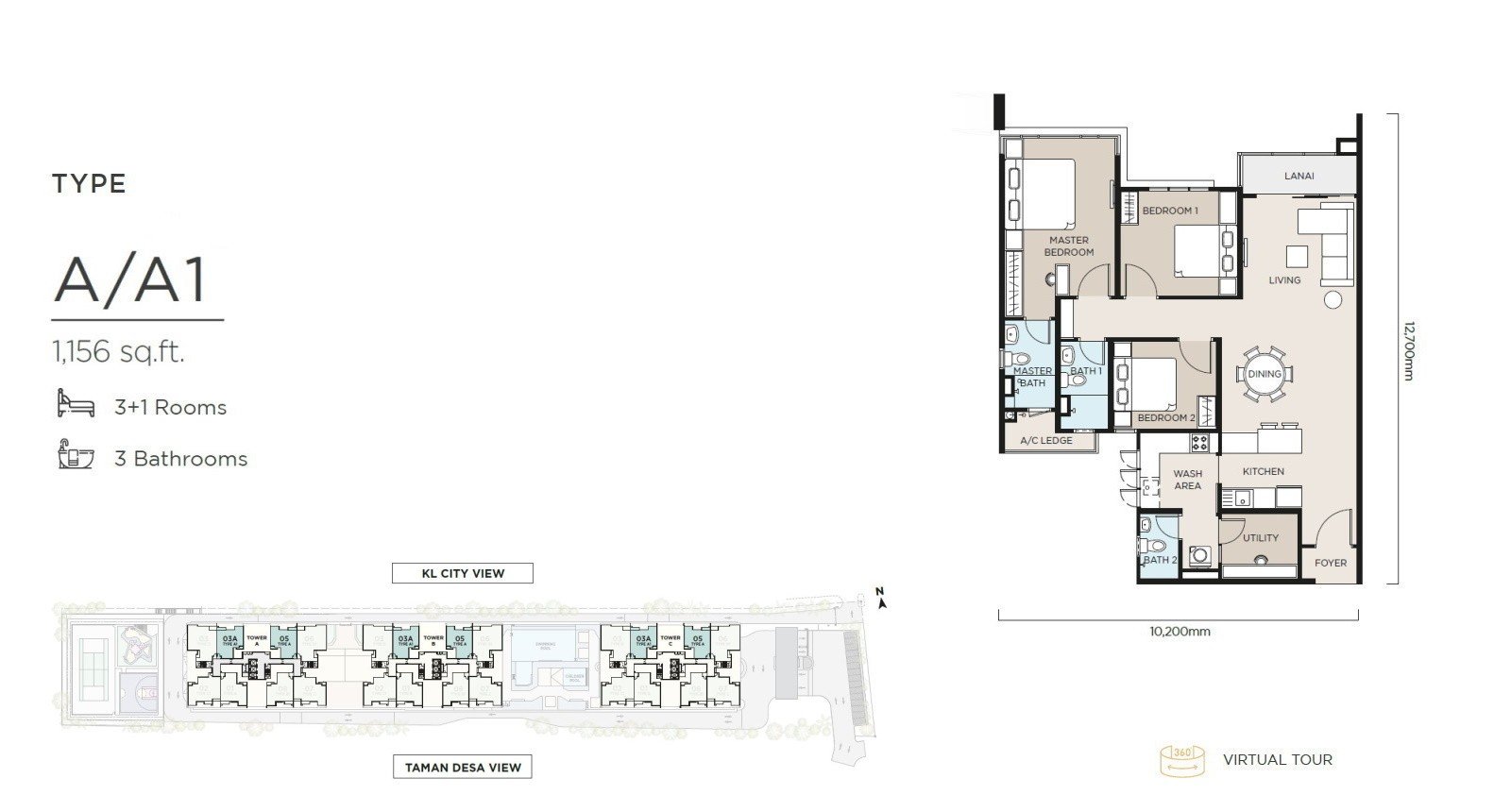 The Atas Taman Desa Type A / A1 floor plan, 1,156 sq ft, 3+1 rooms
