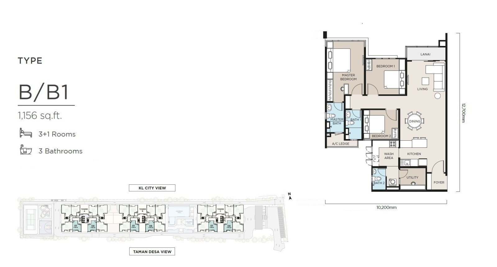 The Atas Taman Desa Type B / B1 floor plan, 1,156 sq ft, 3+1 rooms