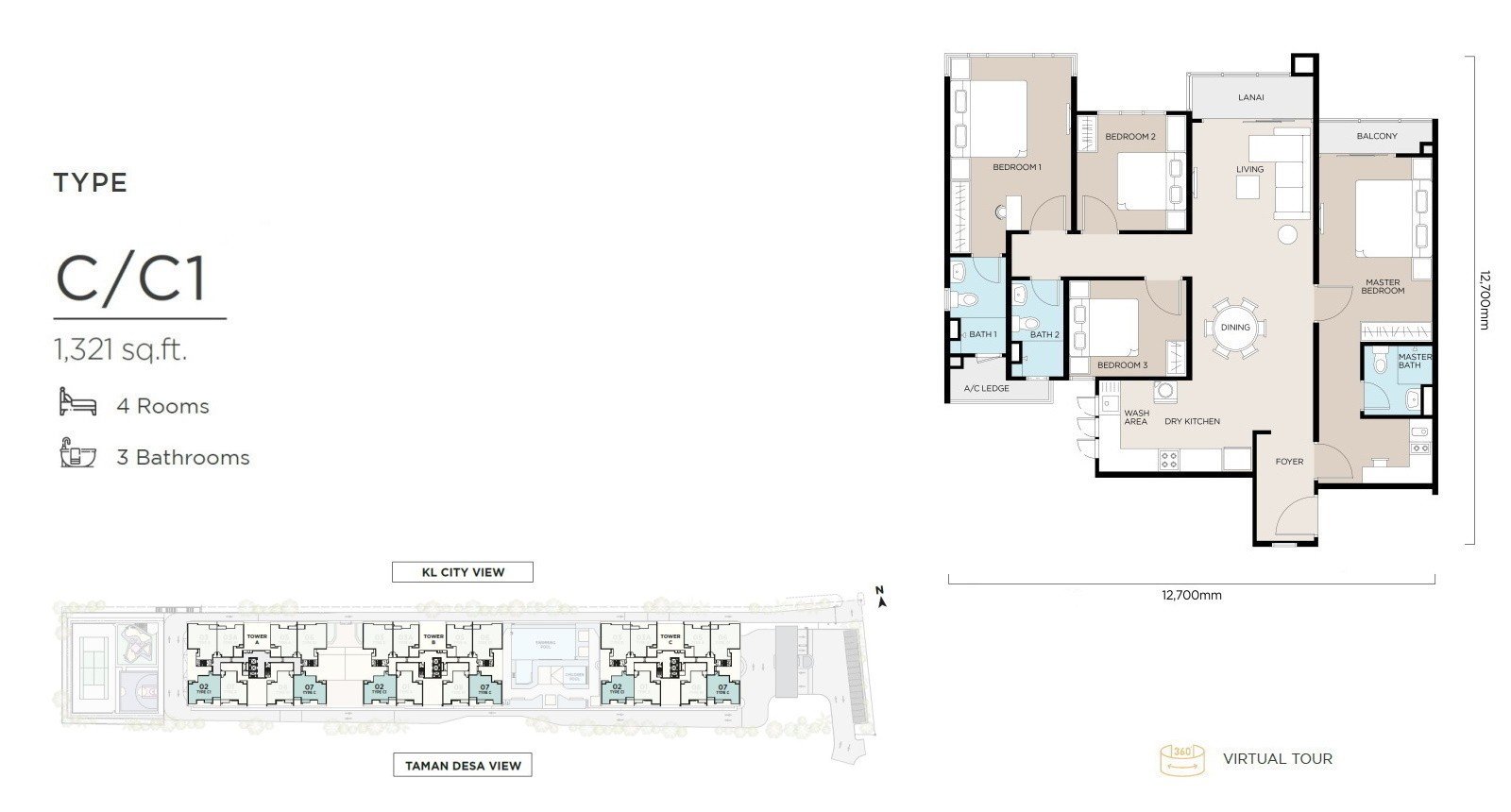 The Atas Taman Desa Type C / C1 floor plan, 1,321 sq ft, 4 rooms, dual-key ready
